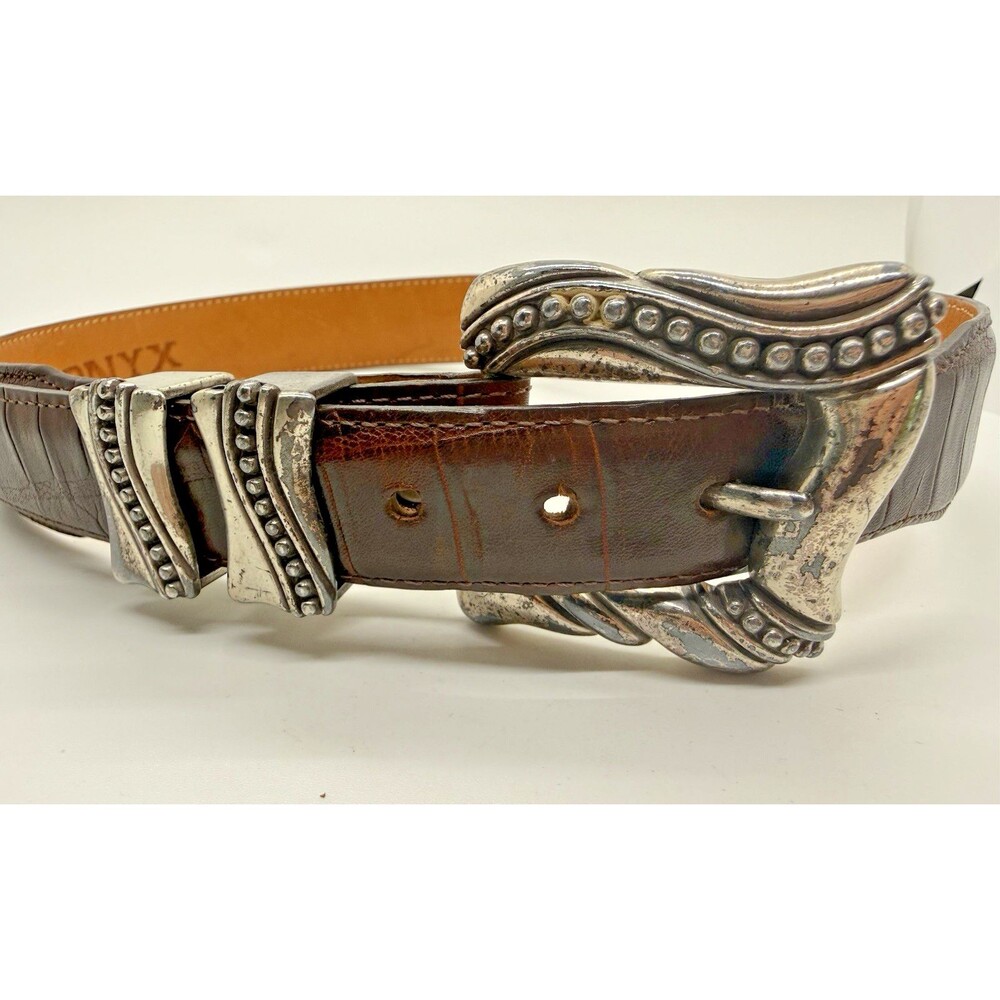Onyx by Brighton Leather Belt Size 28 Brown 1993 Western 19809 Ornate‎ Buckle